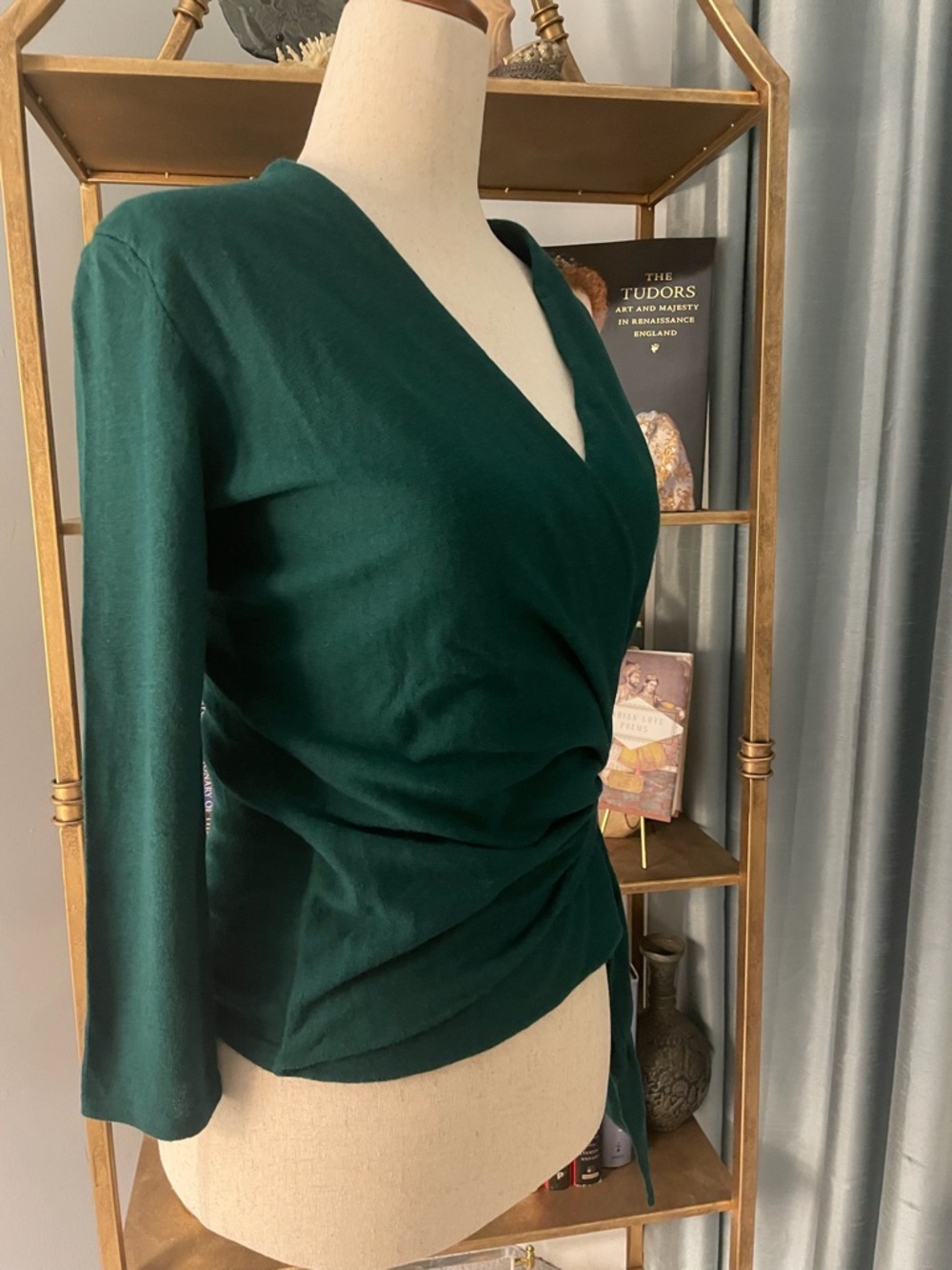 Ann Taylor S Medium Emerald Forest Green Wrap Knit Top Tie Waist Sweater